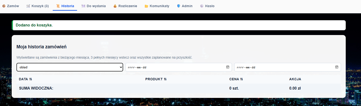Widok historii zamówień