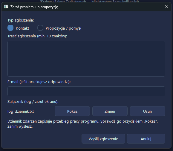 Okno zgłoszenia problemu lub propozycji