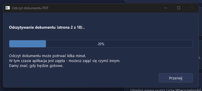Okno postępu odczytu dokumentu PDF