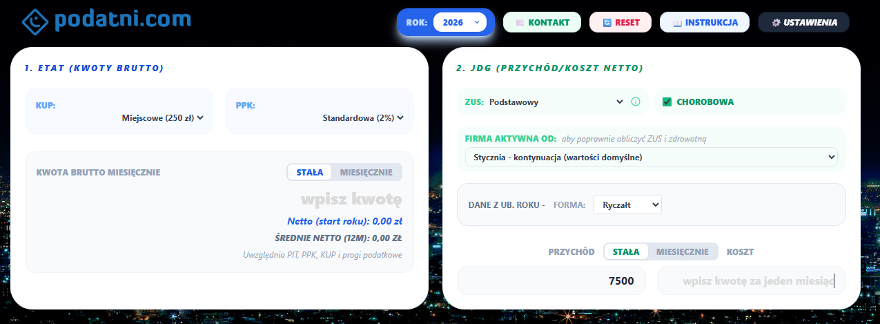 Górna część kalkulatora: panel ETAT i panel JDG