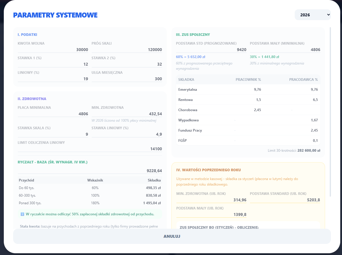 Panel Parametry systemowe