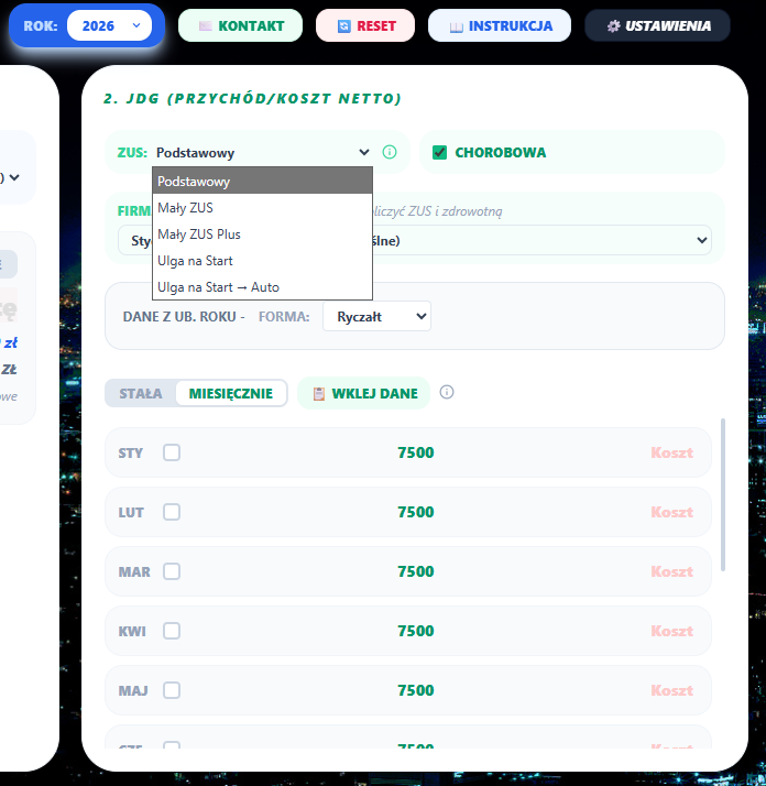 Rozwinięta lista wyboru rodzaju ZUS